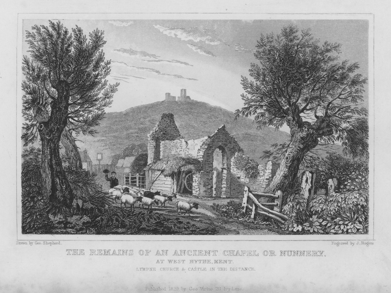 De overblijfselen van een oude kapel of nonnenklooster in West Hythe, Kent (gravure) door English School
