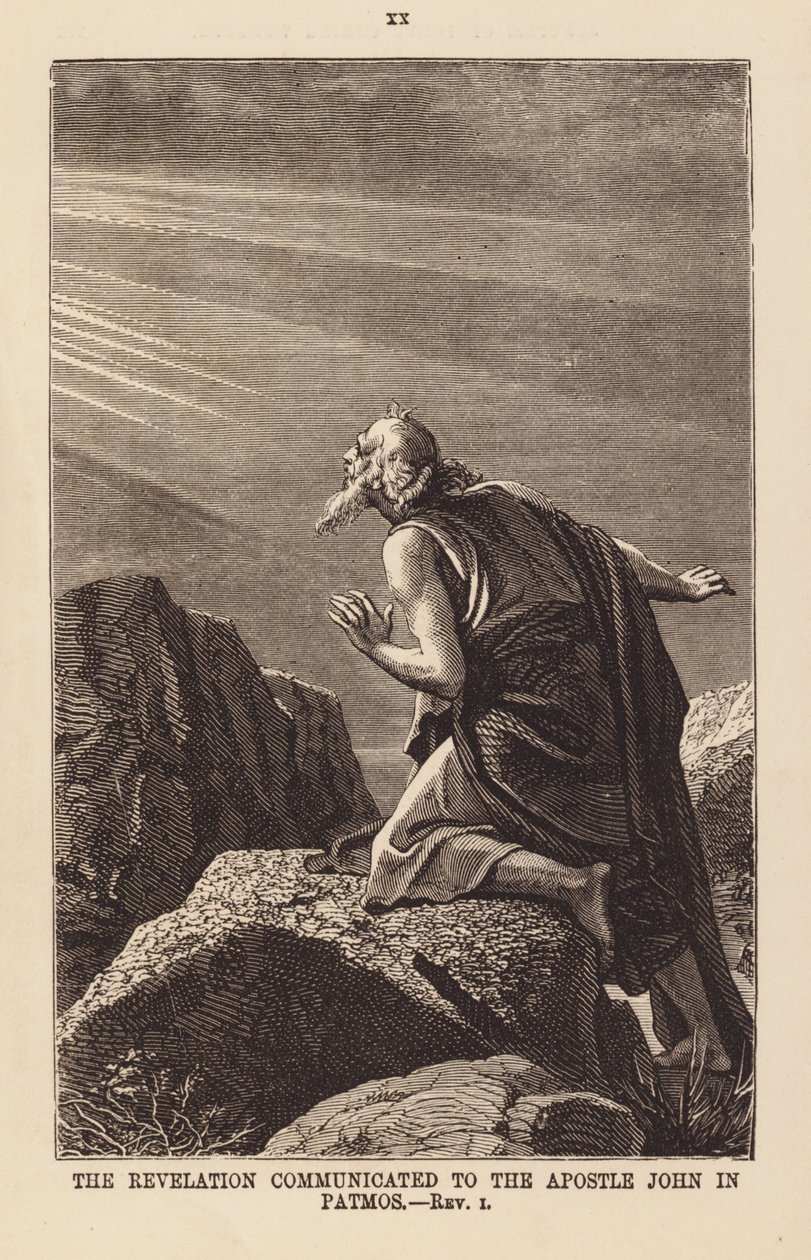 De Openbaring aan de apostel Johannes op Patmos (gravure) door English School