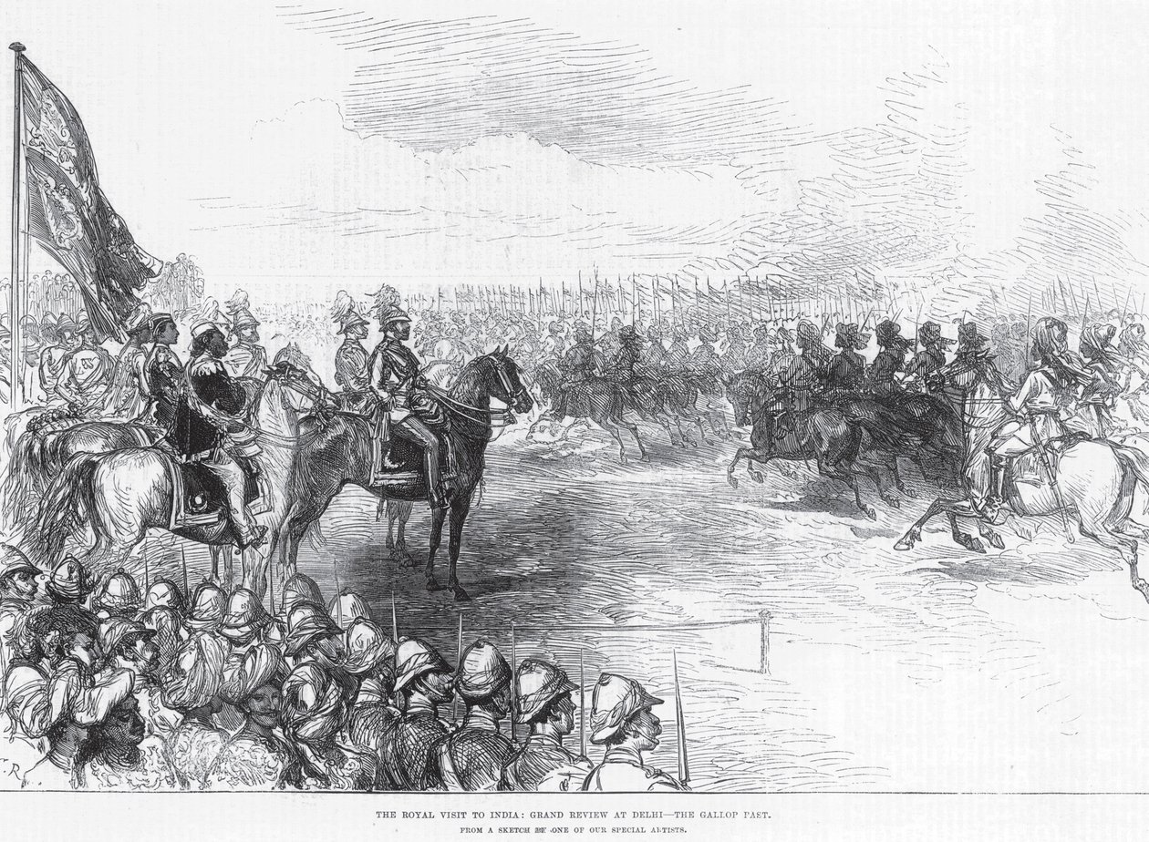 Het koninklijk bezoek aan India: Grote parade in Delhi, de galop door English School