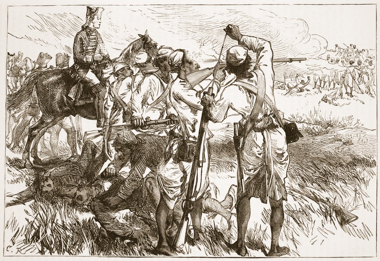 De Sepoys bij Buxar, illustratie uit Cassells Geïllustreerde Geschiedenis van India door James Grant, uitgegeven 1879 door English School