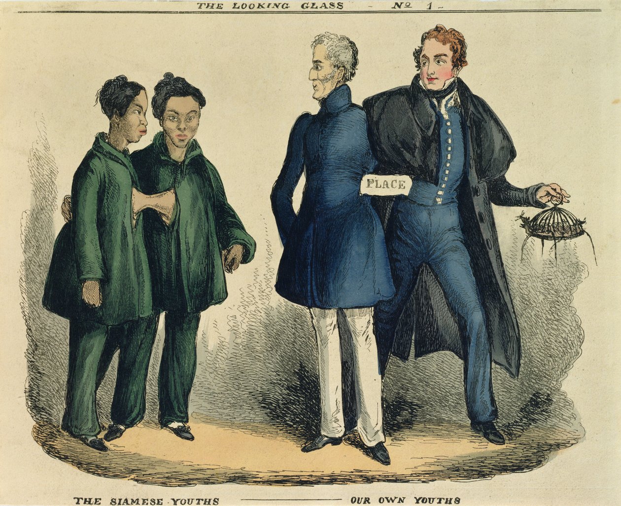 De Siamese Jongens - Onze Eigen Jongens, satirische cartoon uit The Looking Glass, c.1829 door English School