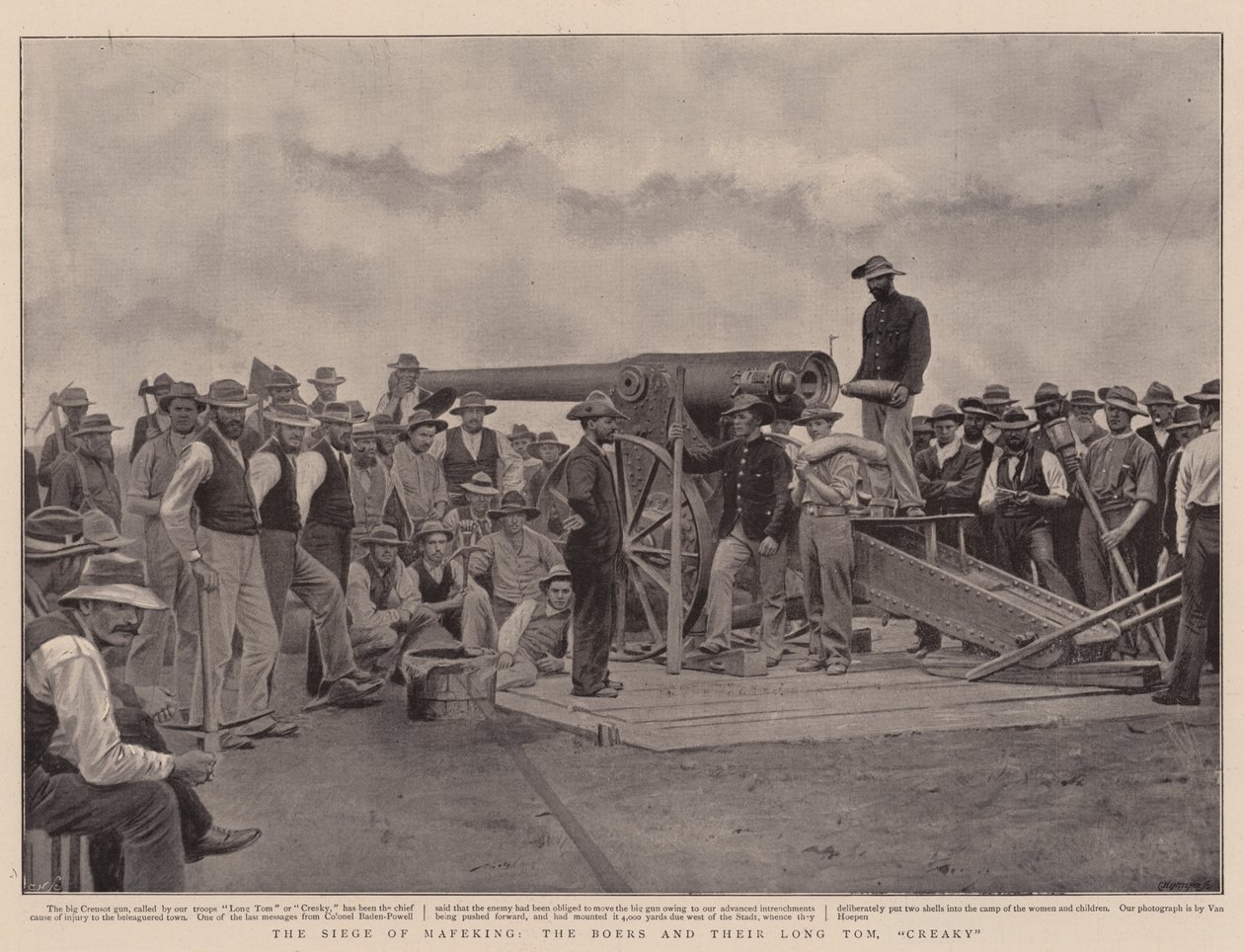 Het beleg van Mafeking, de Boeren en hun Long Tom, "Creaky" (litho) door English School