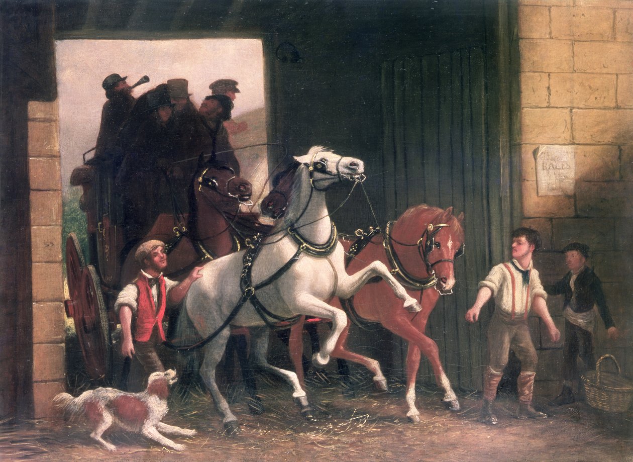 De aankomst van de postkoets, c.1830 door English School