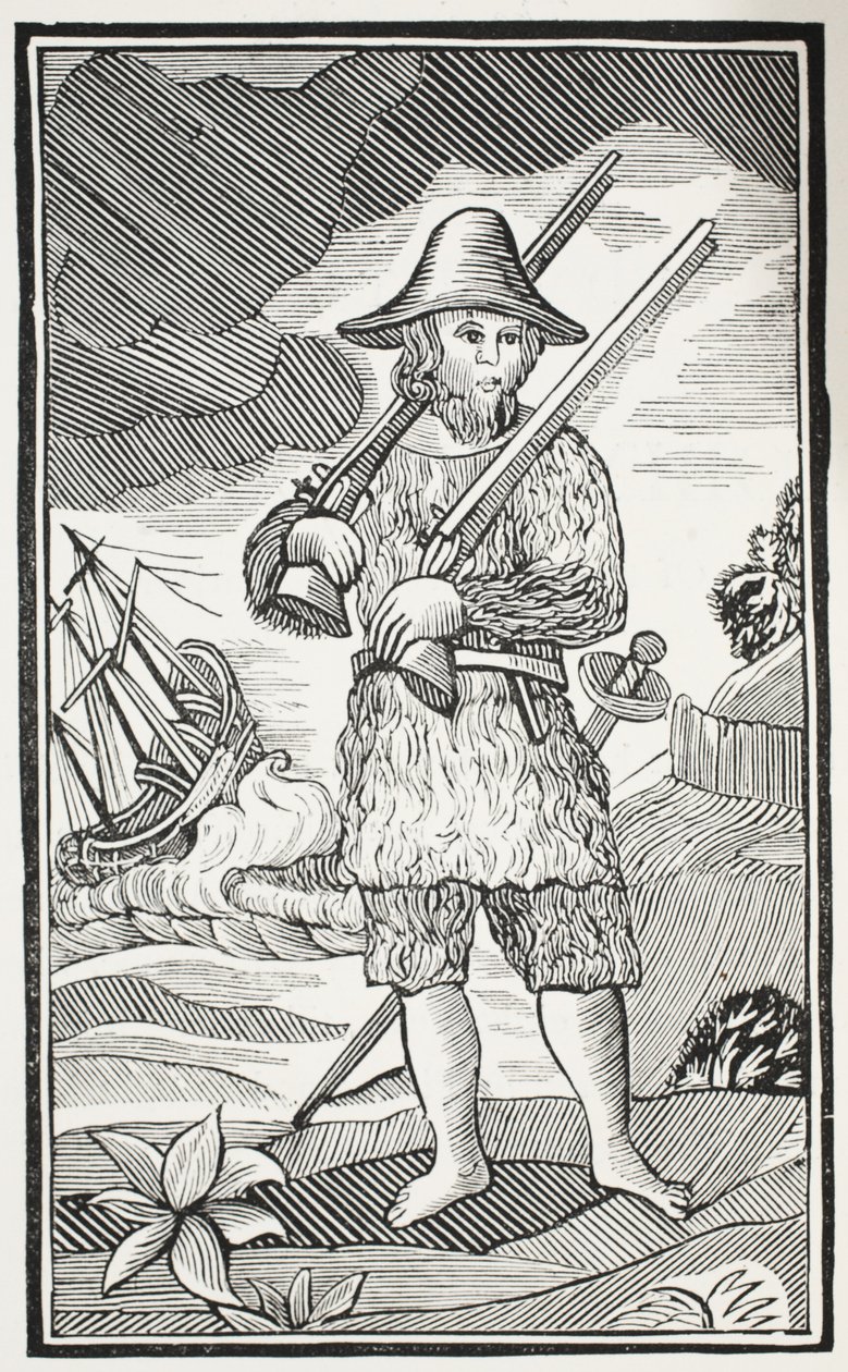 Het verrassende leven en de meest vreemde avonturen van Robinson Crusoe uit de stad York, zeeman, illustratie uit Chap-books van de achttiende eeuw door John Ashton, uitgegeven 1882 door English School