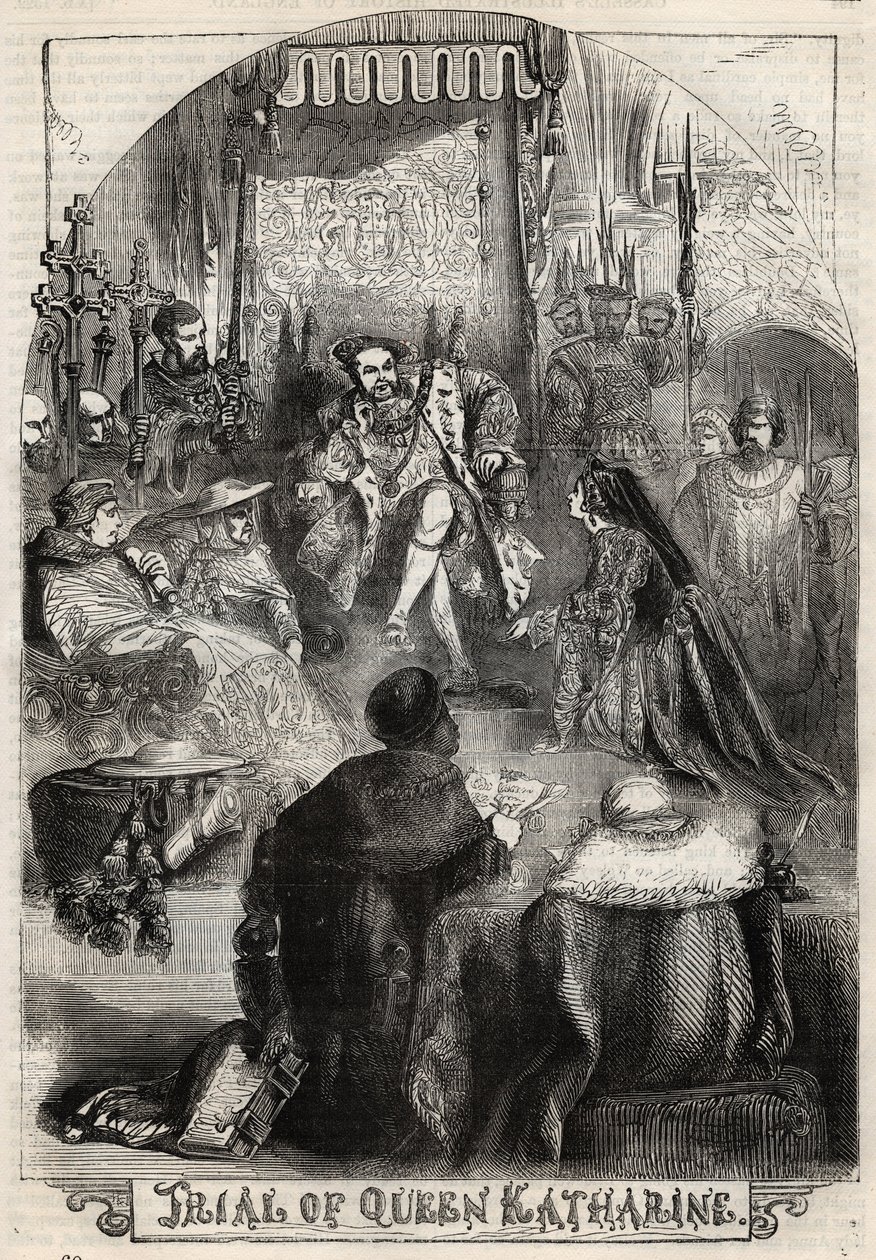 Het proces van koningin Catherine van Aragon in 1529, de eerste vrouw van Hendrik VIII, wiens huwelijk met de koning werd geannuleerd - Gravure uit 