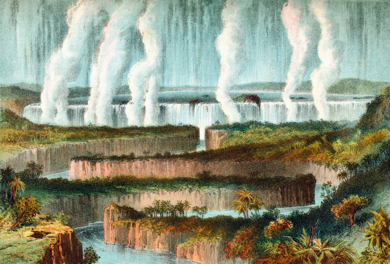 De Victoria Watervallen of Mosi-oa-Tunya, Zambezi Rivier, Zimbabwe, Zuidelijk Afrika in de 19e eeuw. Uit The Life and Explorations of Dr. Livingstone gepubliceerd ca. 1875. door English School