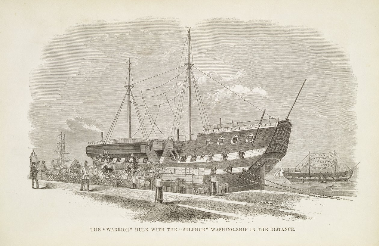De Warrior Hulk met het Zwavel Was-Schip in de Verte, uit The Criminal Prisons of London and Scenes of Prison Life door Henry Mayhew (1812-87) en John Binny, 1862 door English School