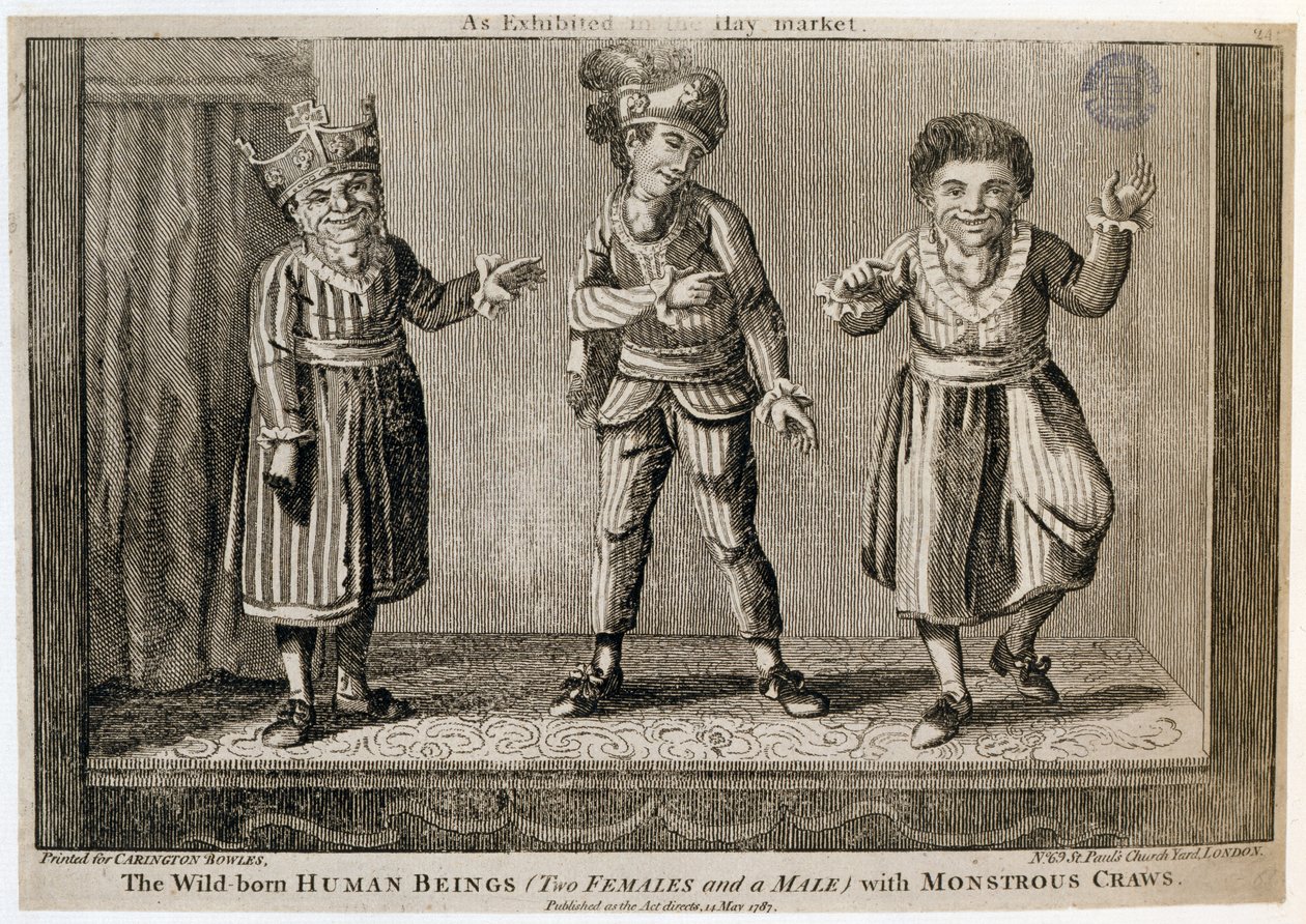 De Wildgeboren Mensen (Twee Vrouwen en een Man) met Monsterlijke Kelen, zoals Tentoonstelling in de Haymarket, gedrukt voor Carington Bowles, 1787 door English School