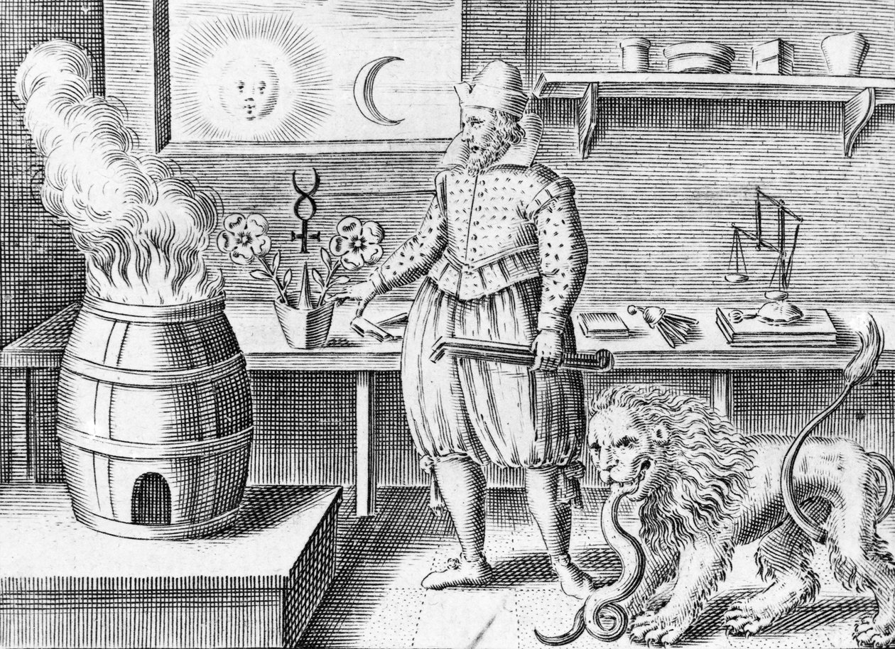 De alchemist in zijn werkplaats door English School