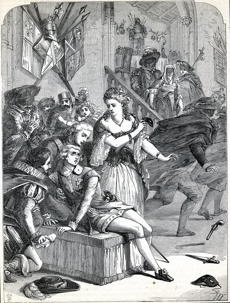 De moord op Gustavus III door Jackob Johan Anckarström op een gemaskerd bal, Stockholm, Zweden,1792 (gravure) door English School