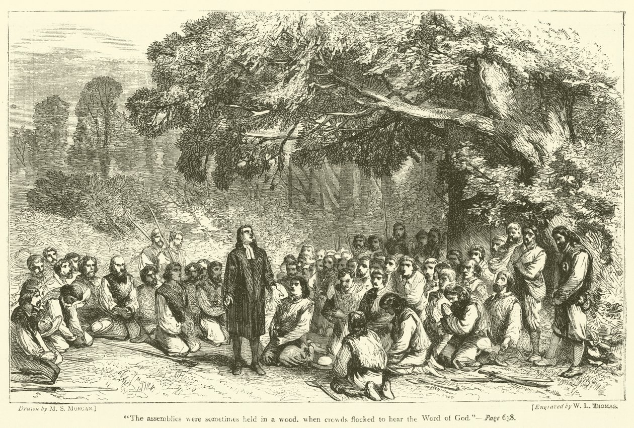 "De samenkomsten werden soms in een bos gehouden, waar menigten samenstroomden om het woord van God te horen" (gravure) door English School