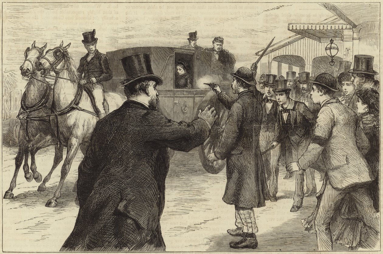 De aanslag op het leven van de koningin (gravure) door English School