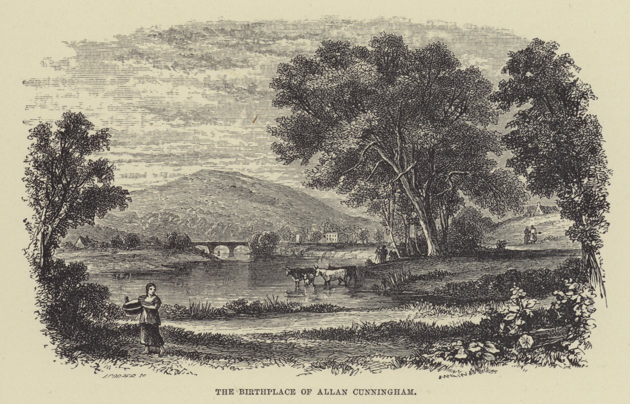Het geboortehuis van Allan Cunningham (gravure) door English School