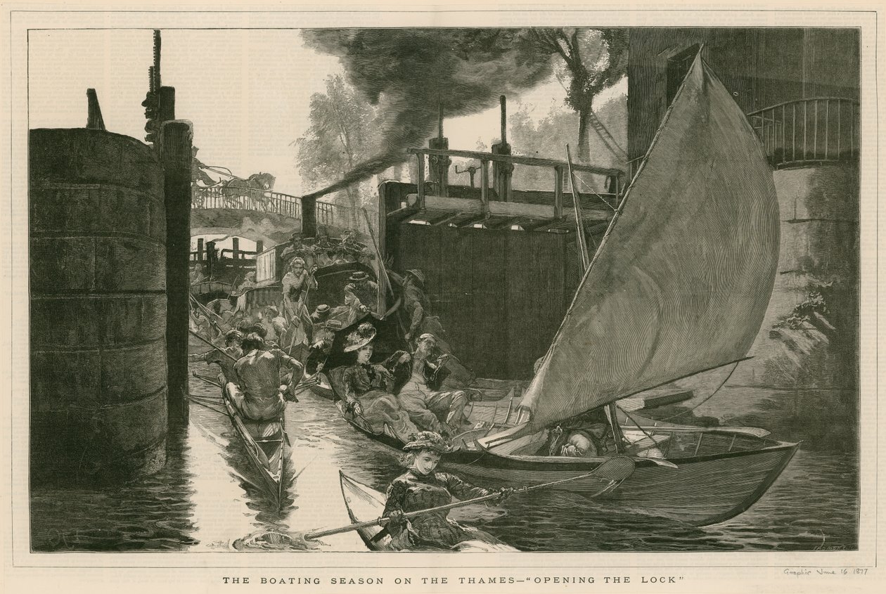 Het vaarseizoen op de Theems - het openen van de sluis (gravure) door English School