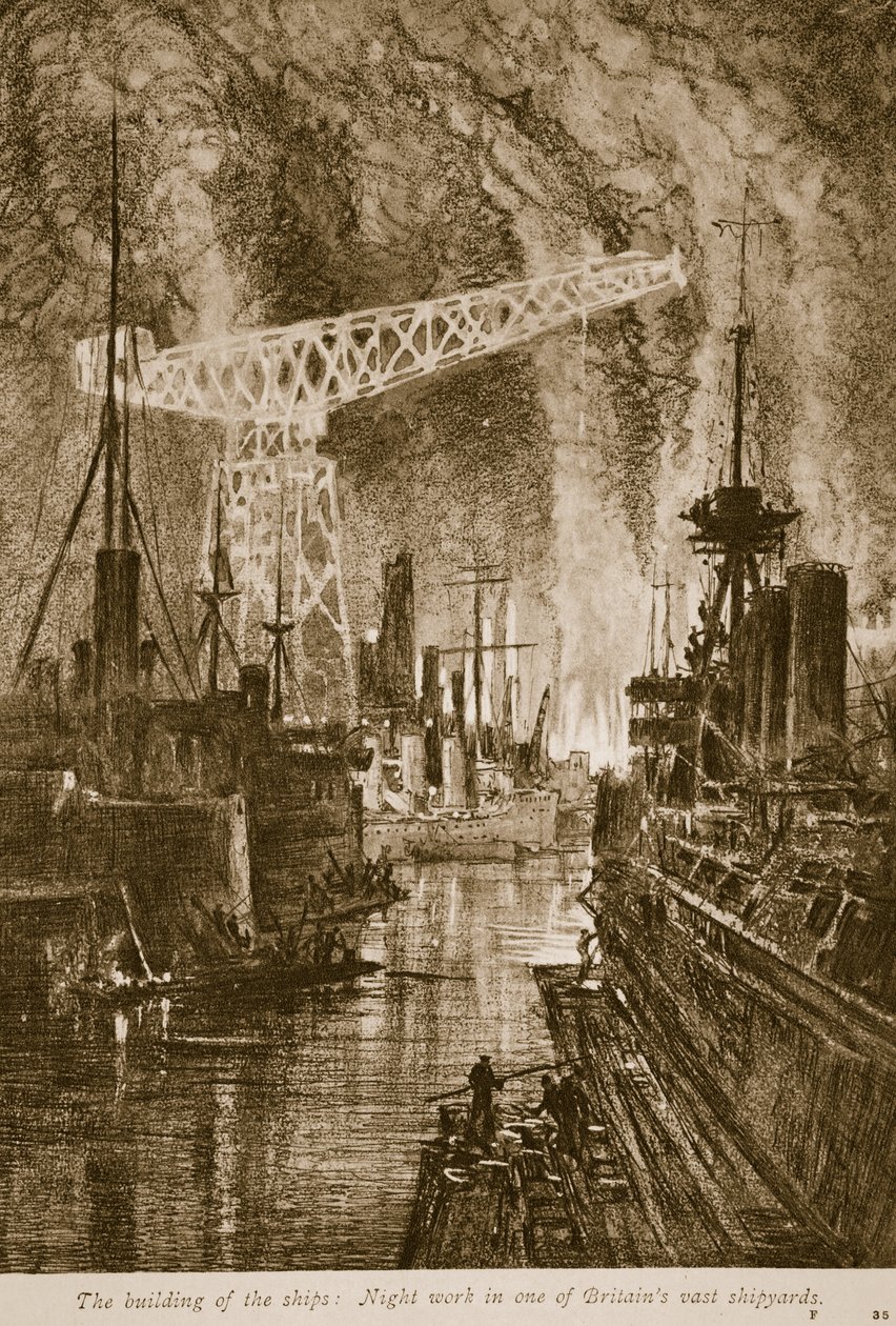 De bouw van de schepen: nachtwerk in een van de enorme scheepswerven van Groot-Brittannië door English School