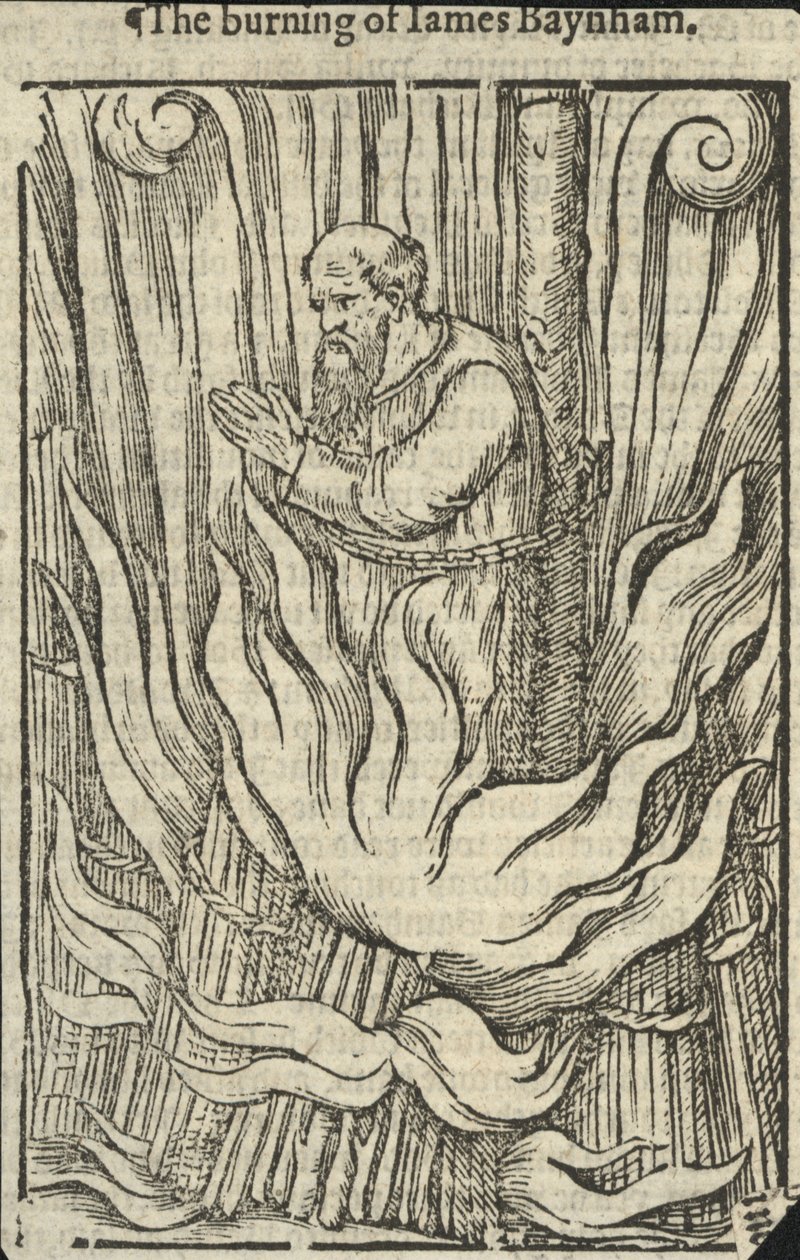 De verbranding van James Baynham (gravure) door English School
