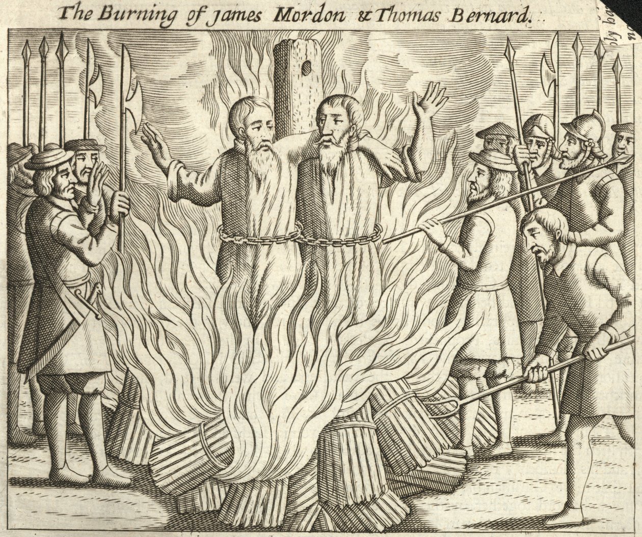 De verbranding van James Morden en Thomas Bernard (gravure) door English School