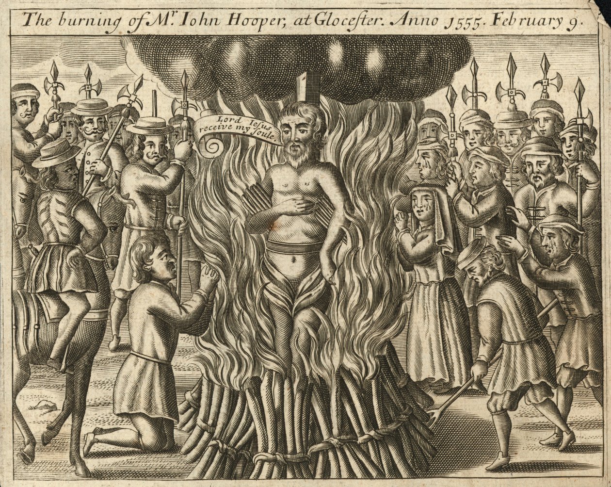 De verbranding van John Hooper in Glaucester, 9 februari 1555 (gravure) door English School