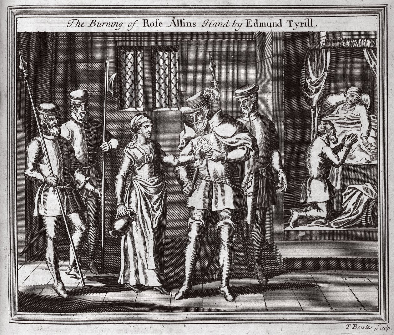 Het verbranden van de hand van Rose Allin door Edmund Tyrill, illustratie uit Foxes Martelaren ca. 1703 door English School