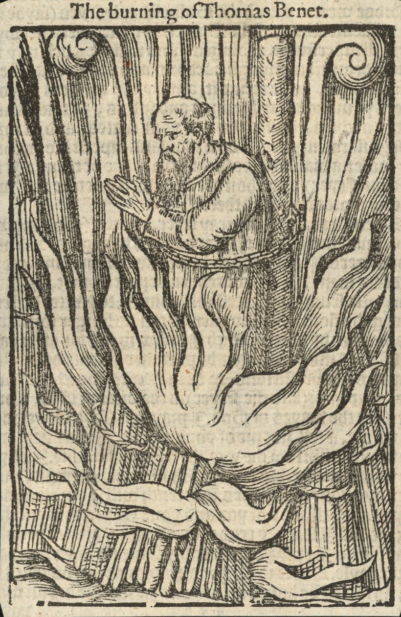 De verbranding van Thomas Benet (gravure) door English School