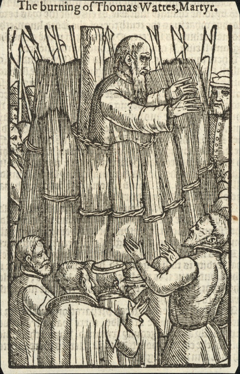 De verbranding van Thomas Wattes, martelaar (gravure) door English School