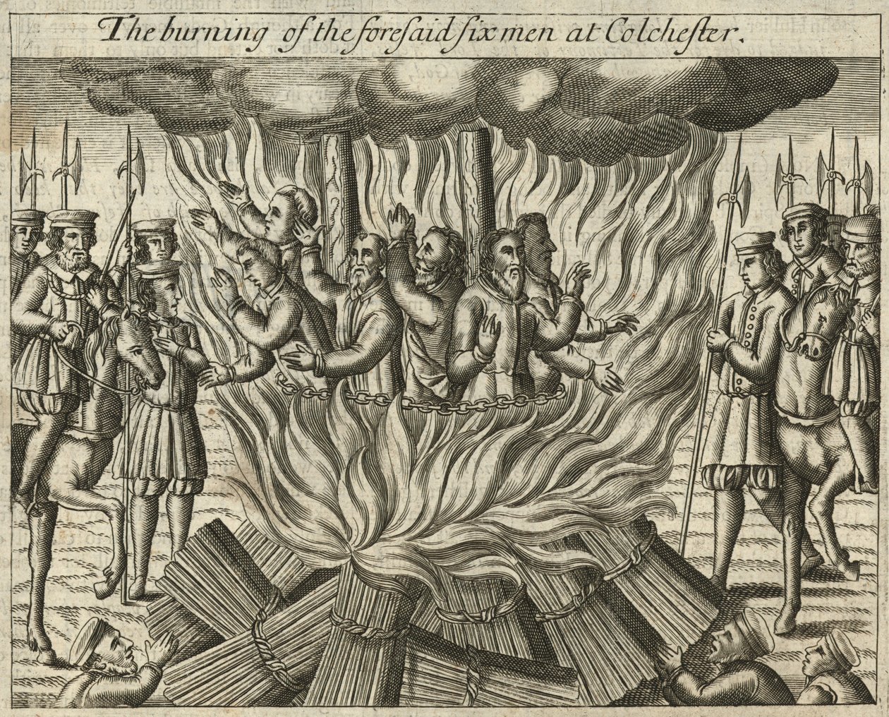 De verbranding van voornoemde zes mannen in Colchester (gravure) door English School