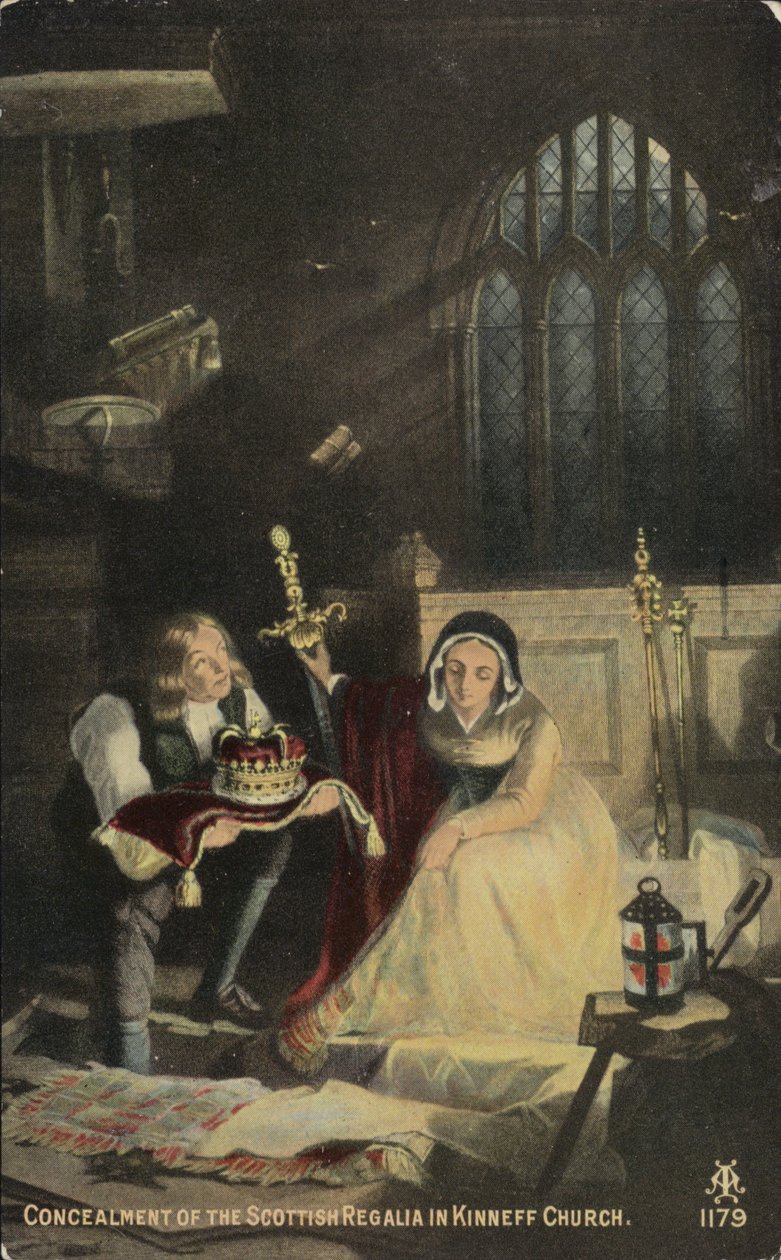Het verbergen van de Schotse regalia in de kerk van Kinneff (kleurenlitho) door English School