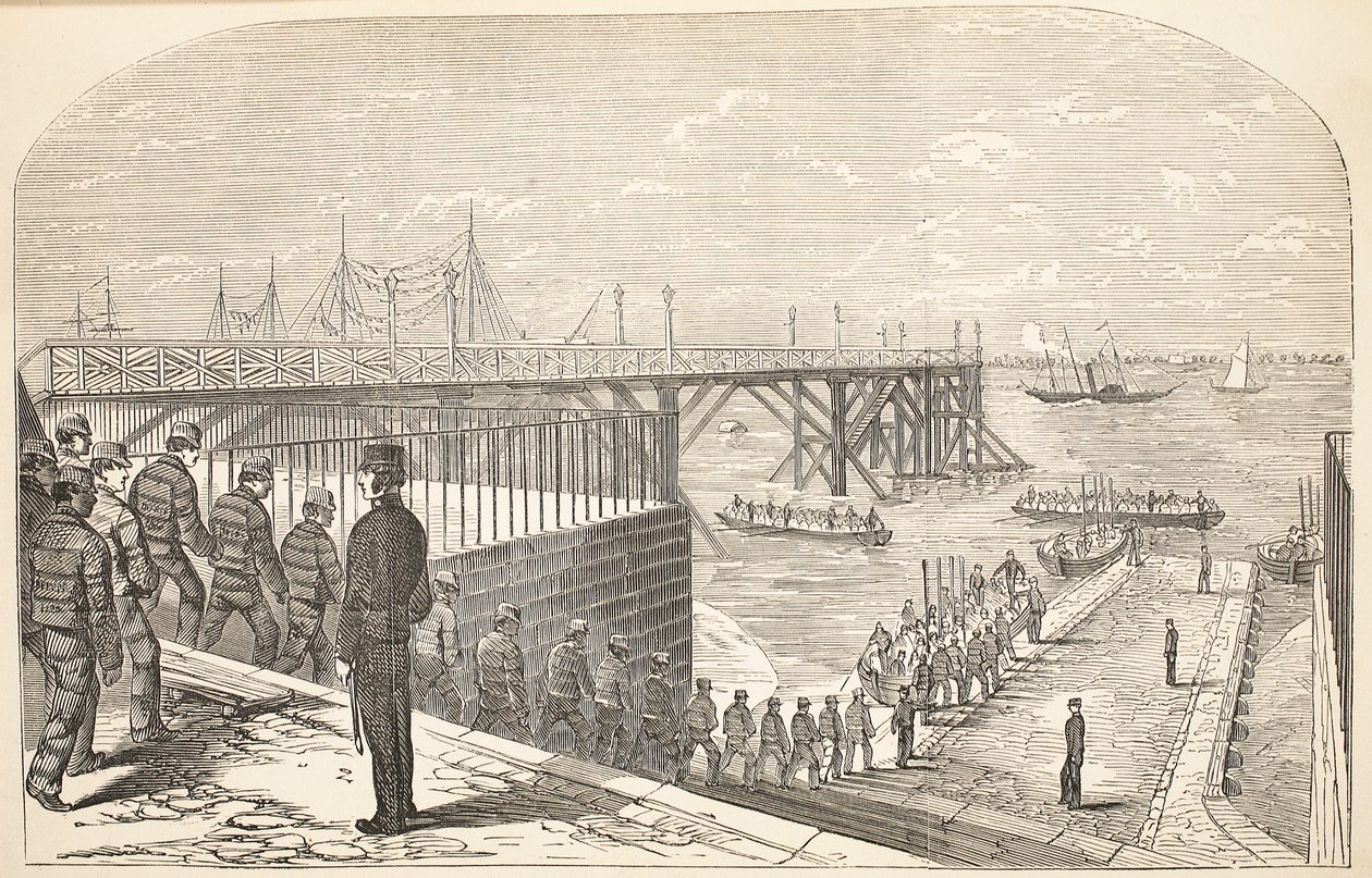 De gevangenen keren terug naar de hulks van hun arbeid in het Arsenal, illustratie uit The Criminal Prisons of London and Scenes from Prison Life door Henry Mayhew en John Binny, uitgegeven in 1862 door English School