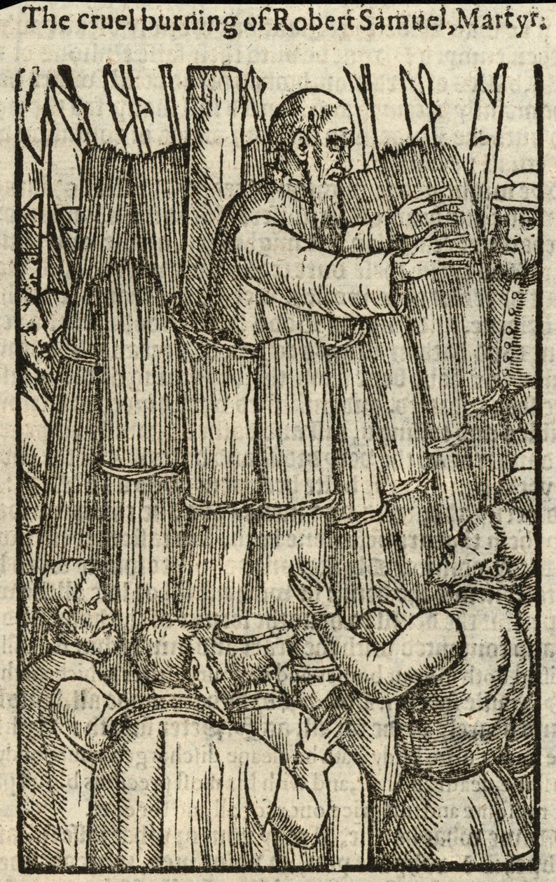 De wrede verbranding van Robert Samuel, martelaar (gravure) door English School