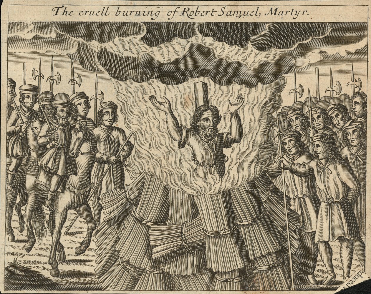 De wrede verbranding van Robert Samuel, martelaar (gravure) door English School