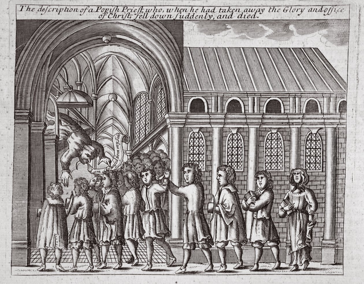 De beschrijving van een pauselijke priester die, toen hij de glorie en het ambt van Christus had weggenomen, plotseling neerviel en stierf, illustratie uit Handelingen en Monumenten van John Foxe, negende editie, uitgegeven 1684 door English School