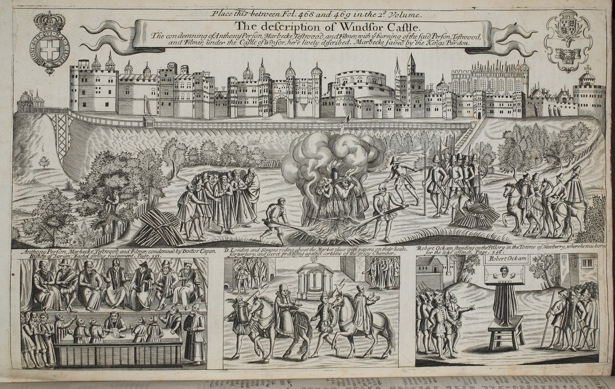 De beschrijving van Windsor Castle, illustratie uit Handelingen en Monumenten van John Foxe, negende editie, uitgegeven 1684 door English School