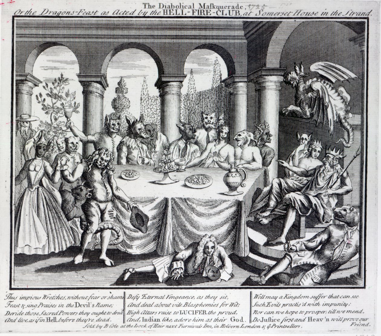 Het duivelse masker, of het drakenfeest zoals uitgevoerd door de Hell-Fire-Club, in Somerset House in de Strand, c.1721 door English School