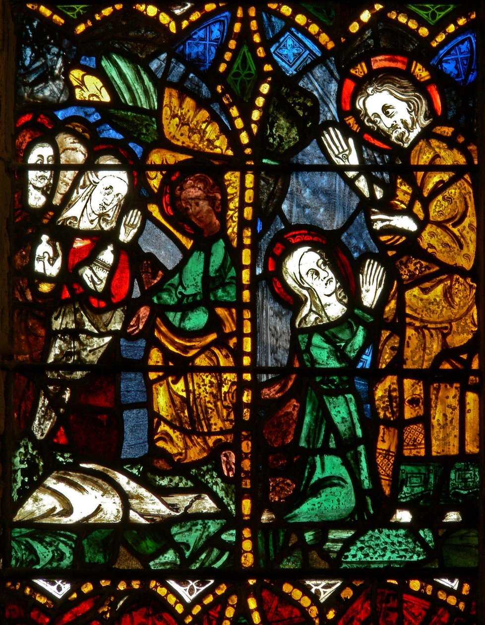 Het oostelijke raam met afbeelding van een Opstandingsscène: de Heilige Vrouwen bij het Graf; Maria Magdalena met Christus? door English School