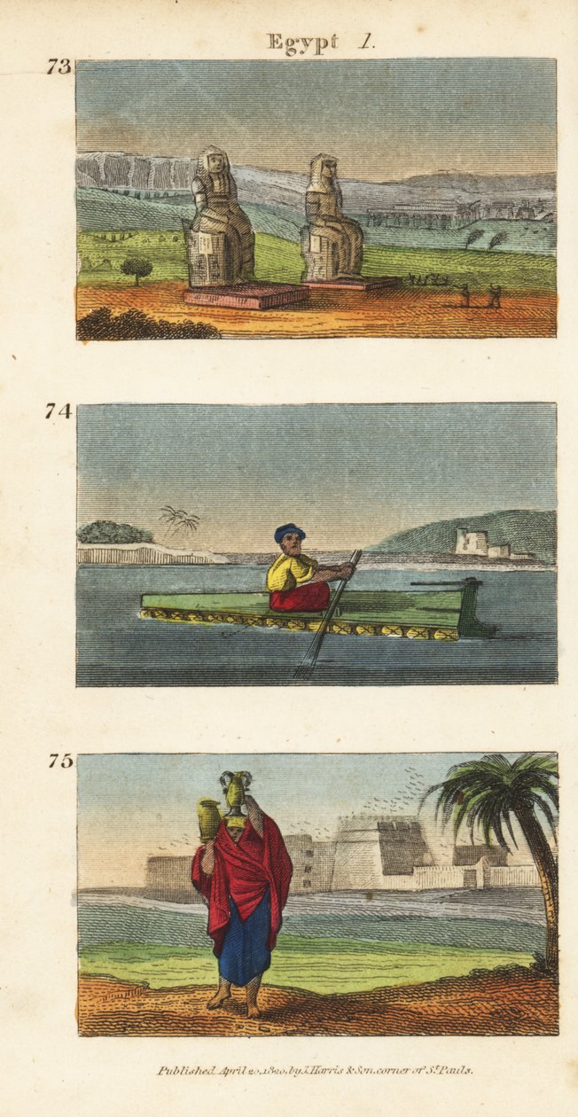 De grote ruïnes van de Kolossen van Memnon in Luxor in Zuid-Egypte, vlot van aardewerken kruiken op de Nijl en vrouwen dragen waterkruiken op hun hoofd door English School