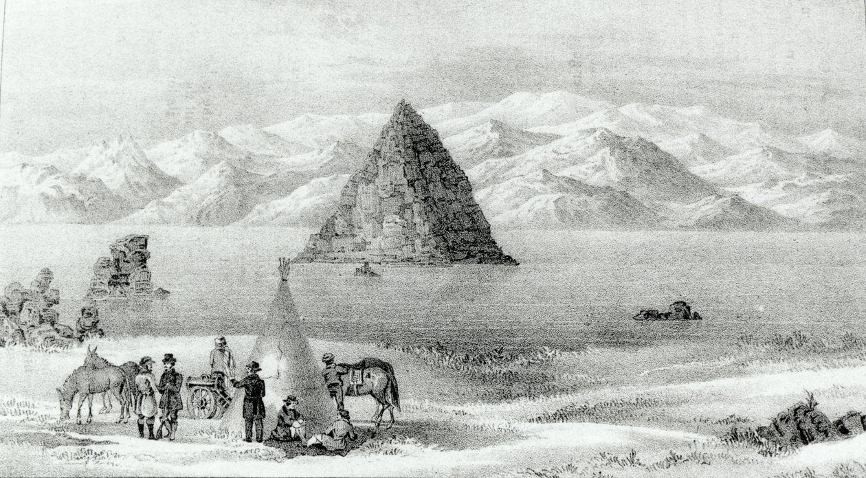 De houwitser bij Pyramid Lake in januari 1844, uit Verslag van de Verkenningsexpeditie naar de Rocky Mountains in 1842 en naar Oregon en Noord-Carolina in 1843-44 door John C. Fremont, gepubliceerd 1845 door English School