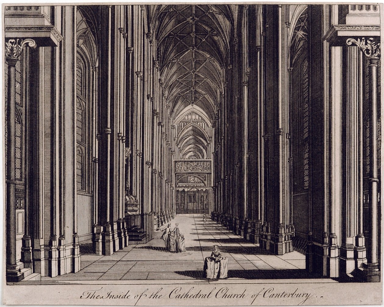 De binnenkant van de Kathedraal van Canterbury, met uitzicht op het schip, vanaf het westen, ca. 1700-43 door English School
