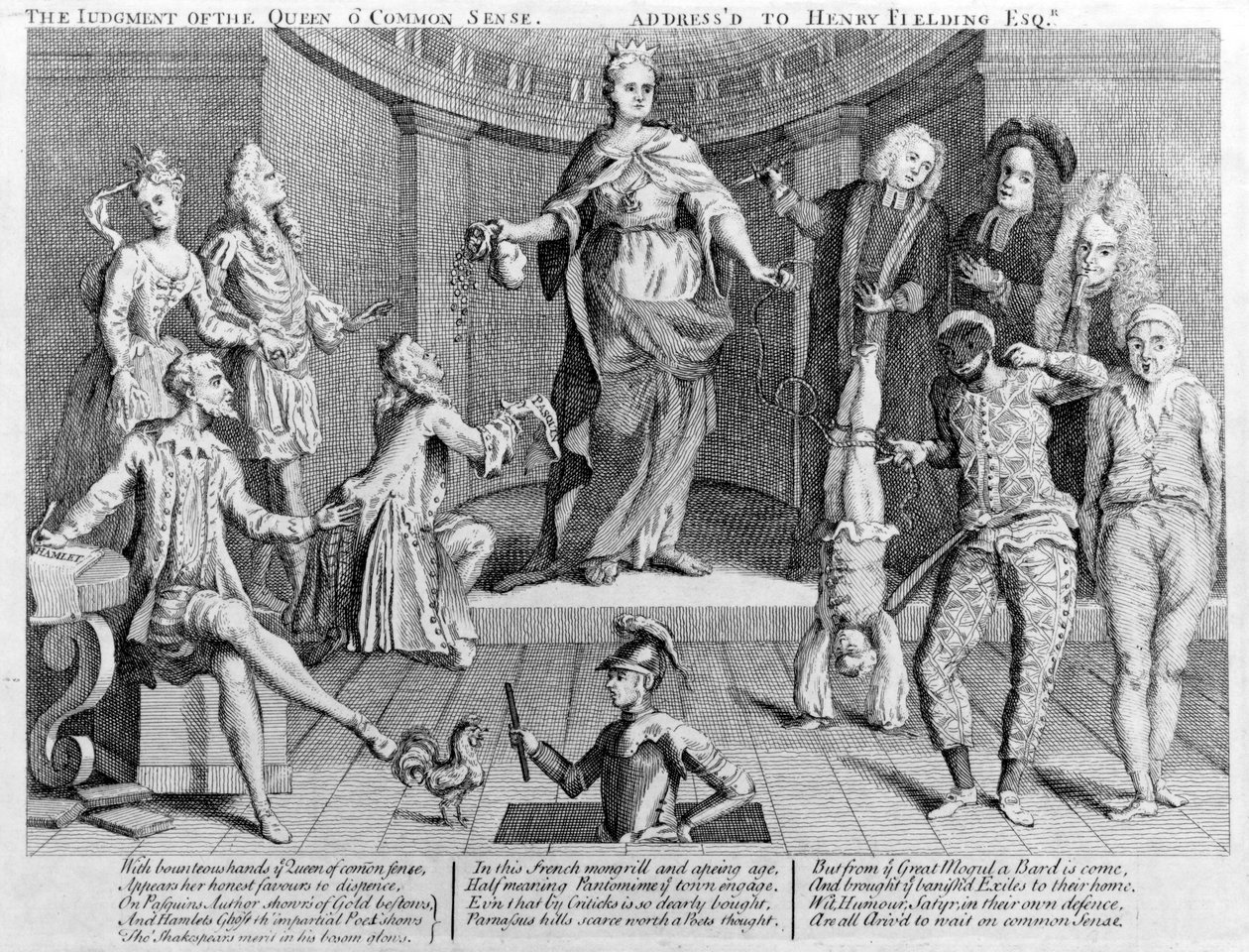 Het Oordeel van de Koningin van Gezond Verstand, gericht aan Henry Fielding Esq., 1736 door English School