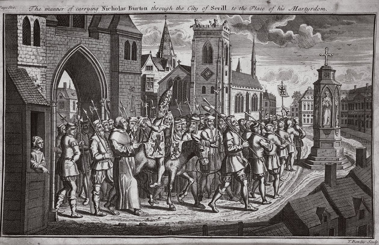 De manier van het dragen van Nicholas Burton door de stad Sevilla naar de plaats van zijn martelaarschap, illustratie uit Foxes Martelaren ca. 1703 door English School