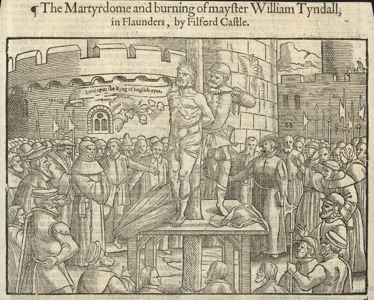 Het martelaarschap en de verbranding van William Tyndall in Flaunders bij Filford Castle (gravure) door English School