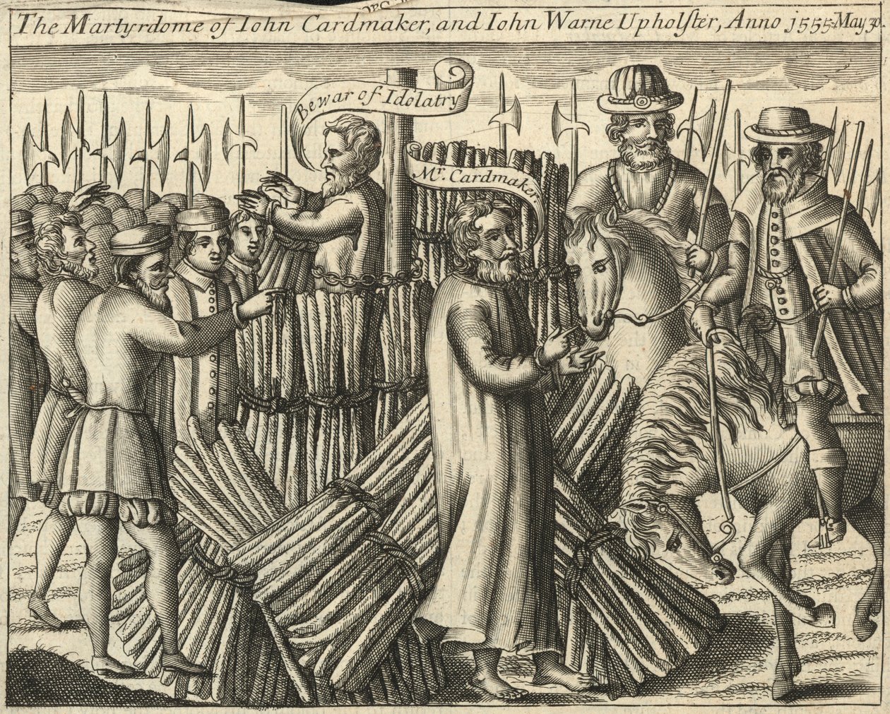 Het martelaarschap van John Cardmaker en John Warne, Upholsterer, 30 mei 1555 (gravure) door English School