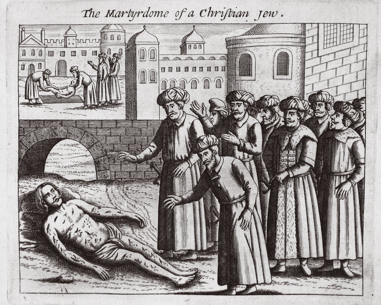 Het martelaarschap van een christelijke Jood, illustratie uit Handelingen en Monumenten van John Foxe, negende editie, uitgegeven 1684 door English School