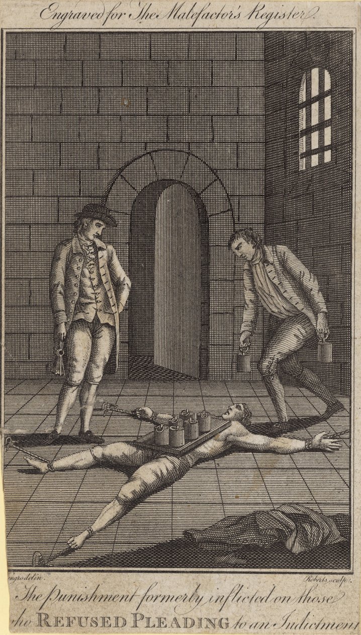 De straf die vroeger werd opgelegd aan degenen die weigerden te pleiten op een aanklacht (gravure) door English School