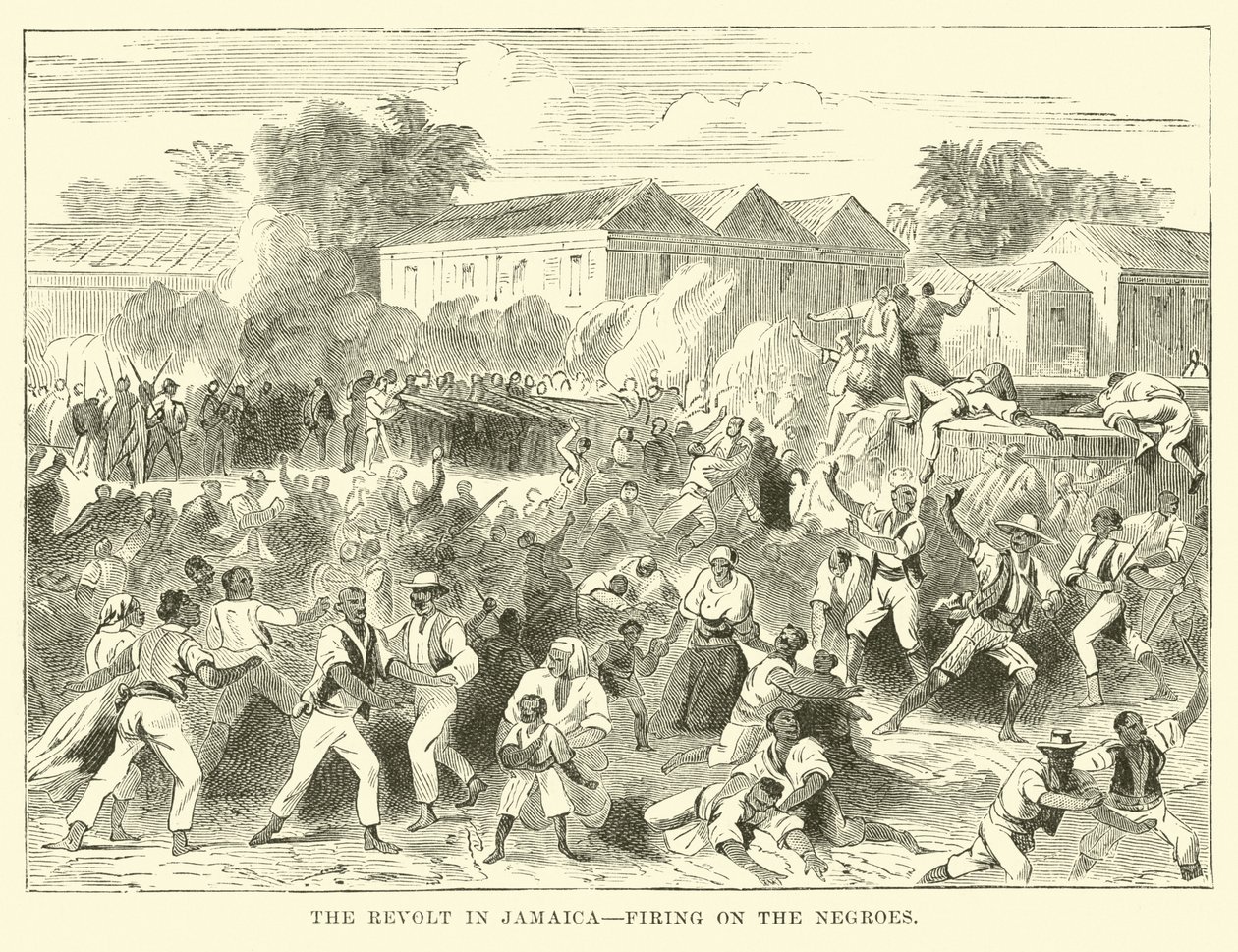 De opstand in Jamaica, schieten op de zwarte bevolking (gravure) door English School