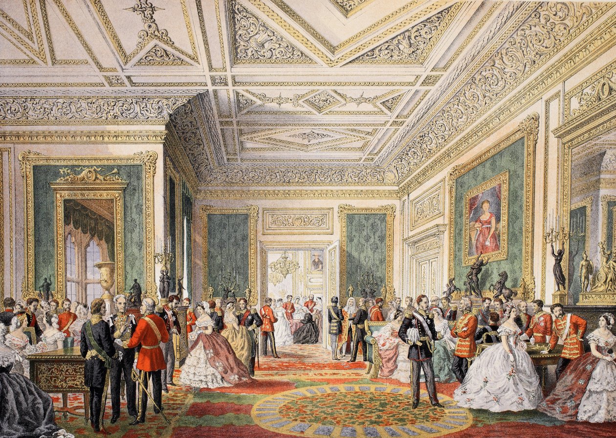 Het ondertekenen van de huwelijksakte, uit A Memorial of the Marriage of Edward VII and Alexandra of Denmark, pub. 1864 door English School
