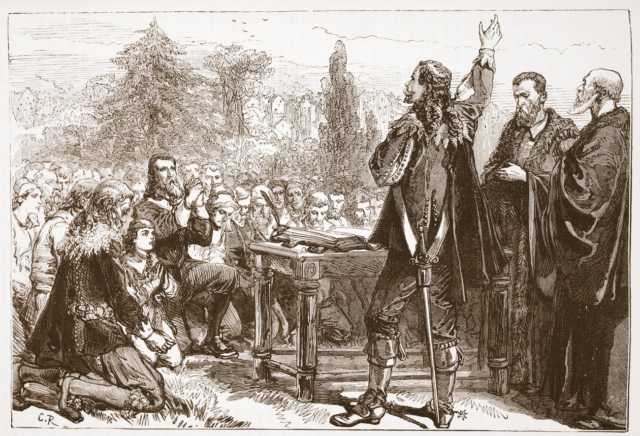 Het zweren en ondertekenen van het Nationale Verbond in Greyfriars Churchyard, Edinburgh, illustratie uit De Geschiedenis van het Protestantisme door James Aitken Wylie, 1878 door English School