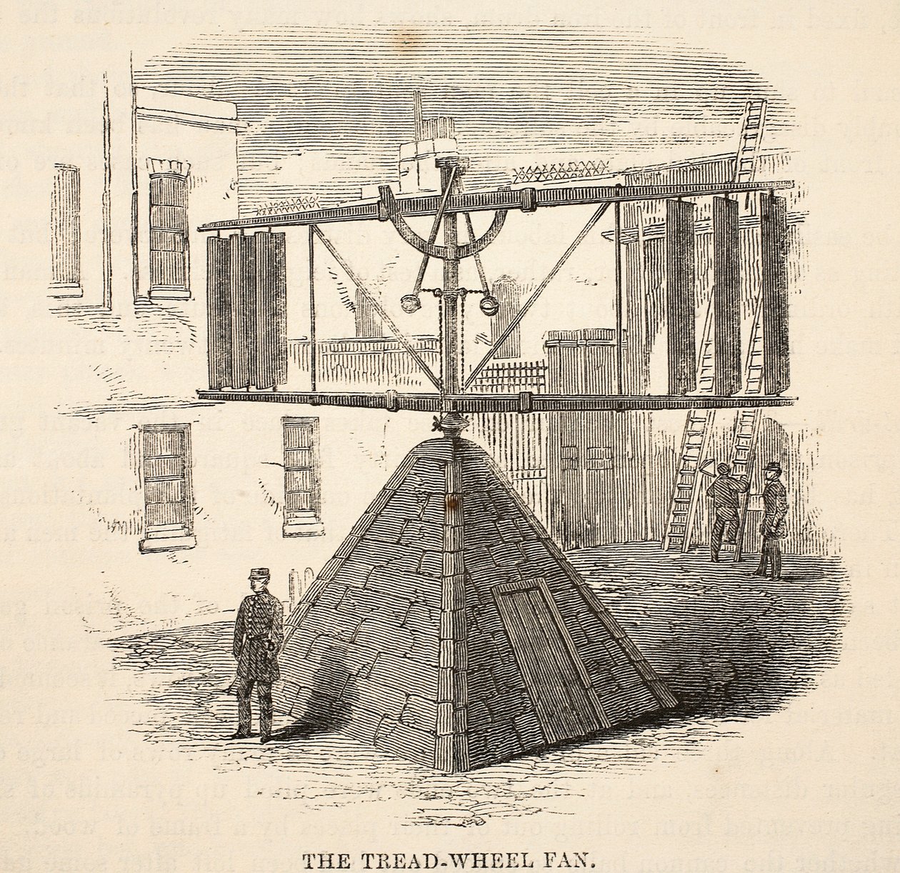 De tredmolen ventilator, illustratie uit The Criminal Prisons of London and Scenes from Prison Life door Henry Mayhew en John Binny, uitgegeven in 1862 door English School