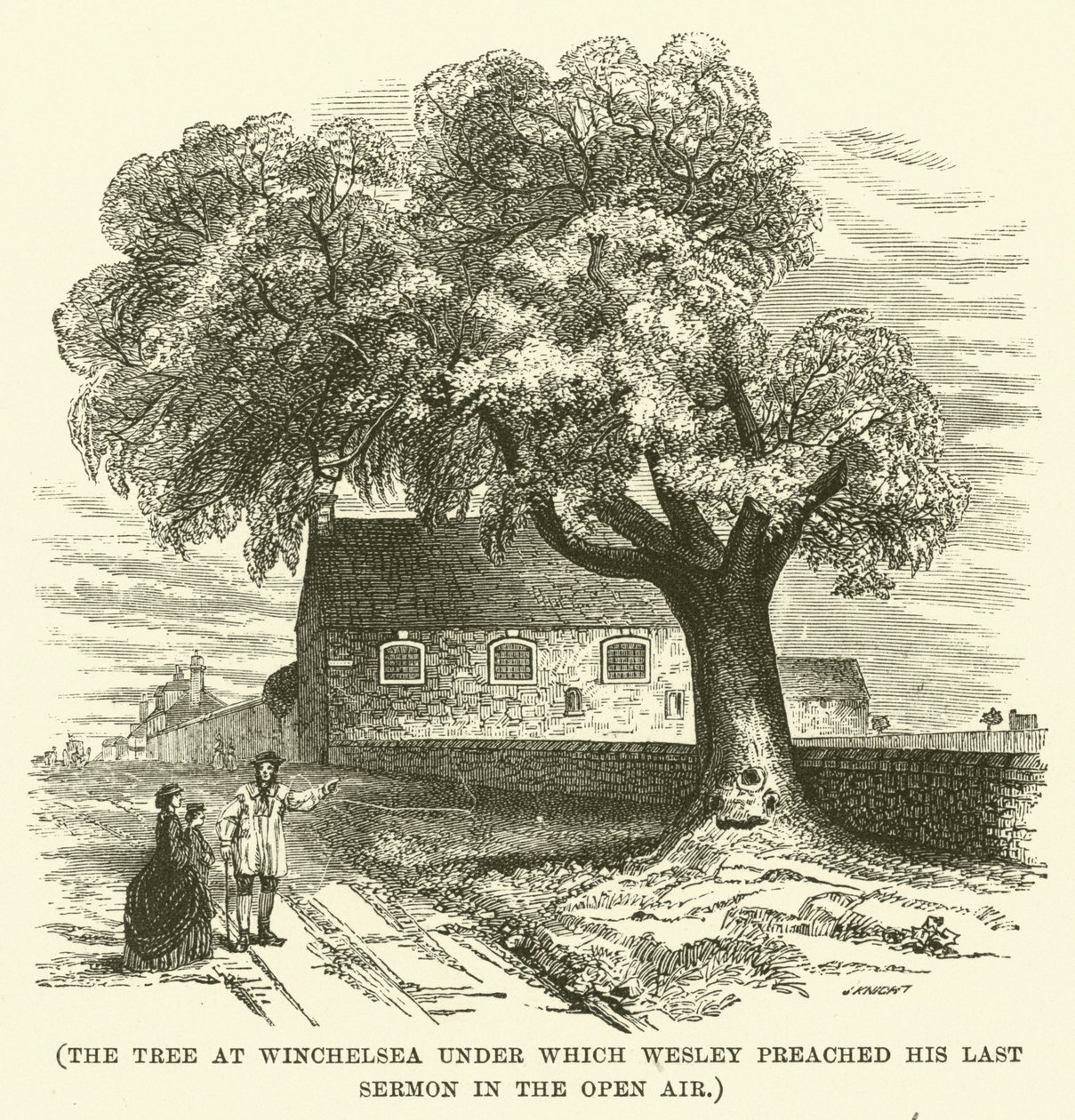 De boom in Winchelsea waaronder Wesley zijn laatste preek in de open lucht hield (gravure) door English School