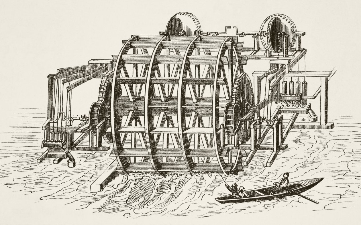 De waterwerken van London Bridge, voor het eerst opgericht in 1582, uit The National and Domestic History of England door William Hickman Smith Aubrey (1858-1916) gepubliceerd in Londen, ca. 1890 door English School