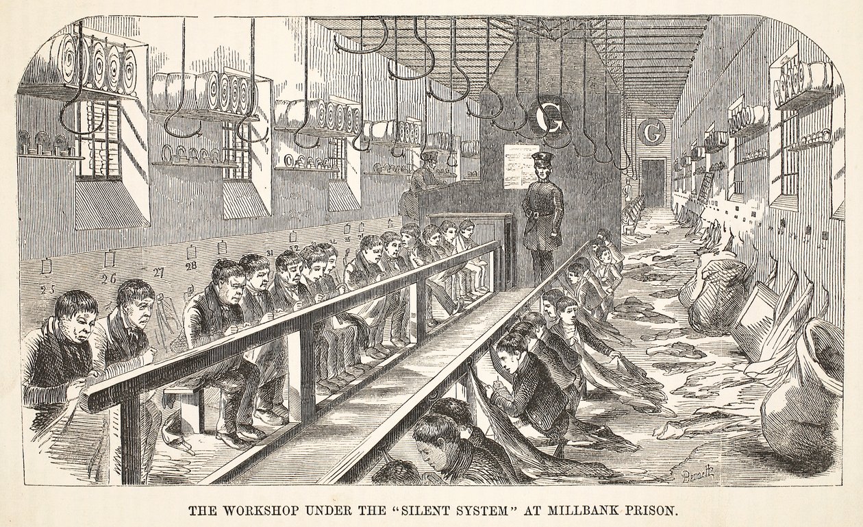 De werkplaats onder het stille systeem in de Millbank-gevangenis, illustratie uit The Criminal Prisons of London and Scenes from Prison Life door Henry Mayhew en John Binny, uitgegeven 1862 door English School